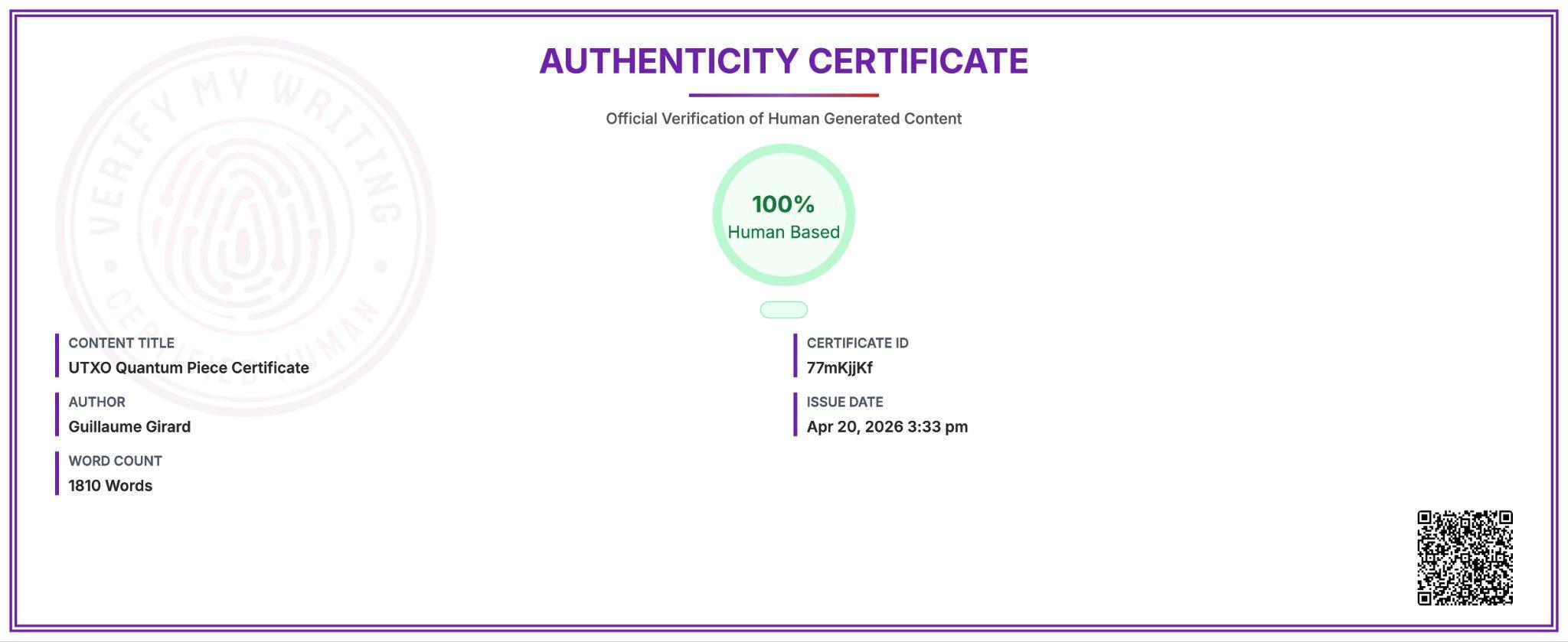 Authenticity Certificate — UTXO Quantum Piece, 100% Human Based, Apr 20, 2026