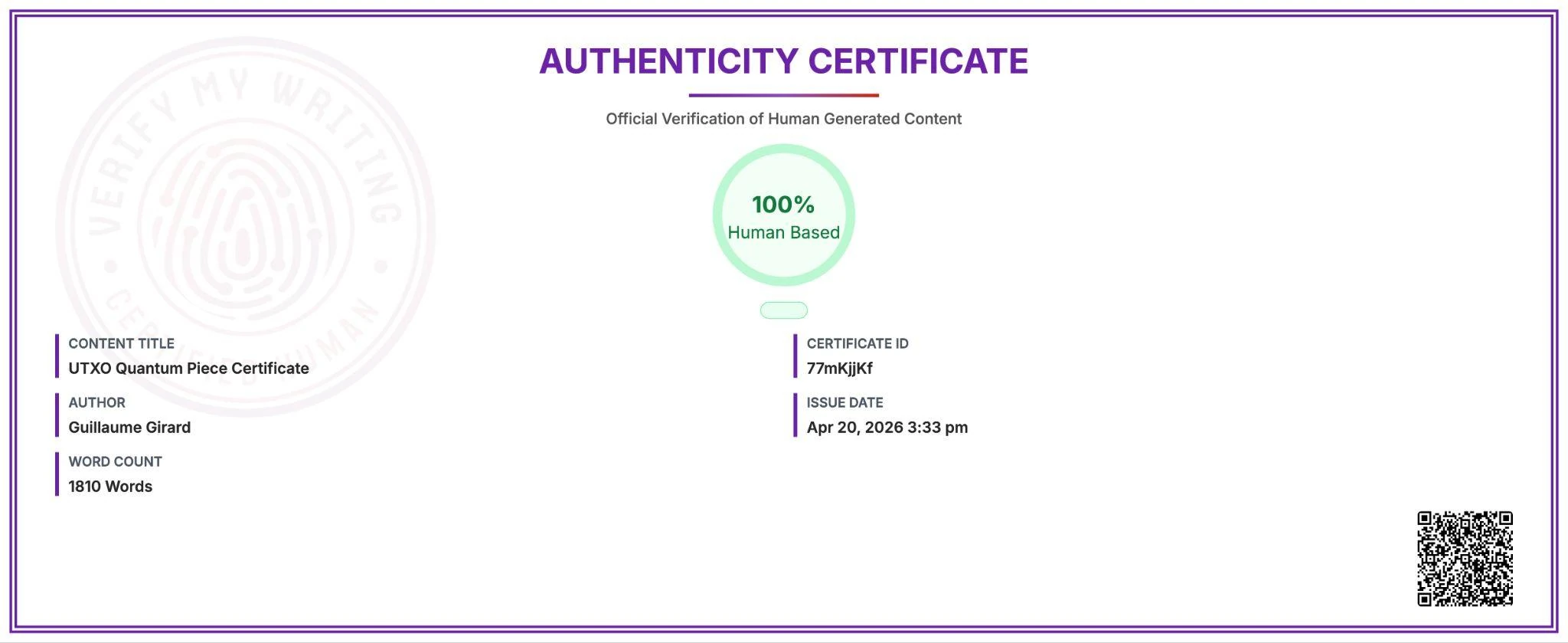Authenticity Certificate — UTXO Quantum Piece, 100% Human Based, Apr 20, 2026